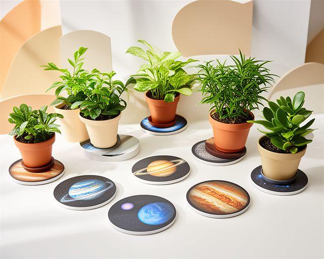 Planeten-Untersetzer Set mit runden Formen und mehreren Pflanzentöpfen in einem hellen Raum
