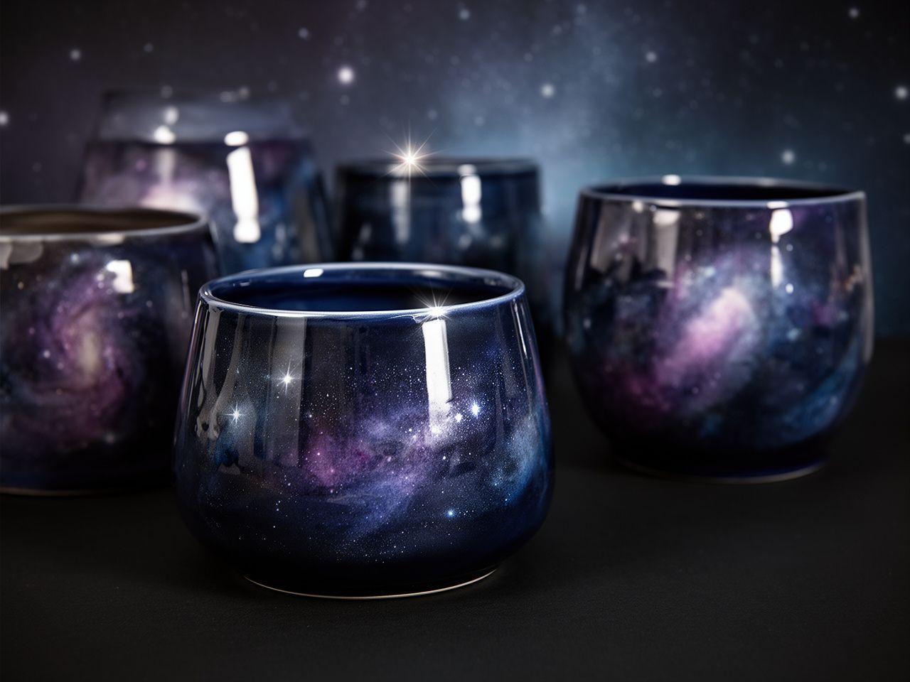 Galaxy-Kollektion mit tiefblauen Keramikgefässen, spiegelnden Oberflächen und feinen Sternmustern auf einem dunklen Tisch